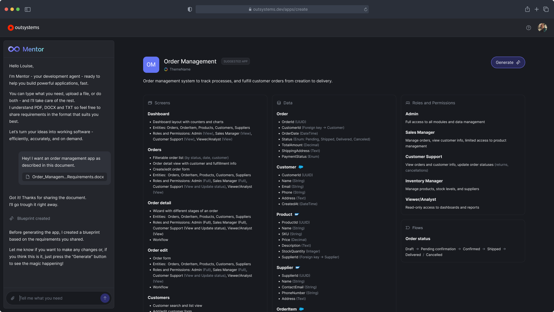 App blueprint, reviewed before anything is generated