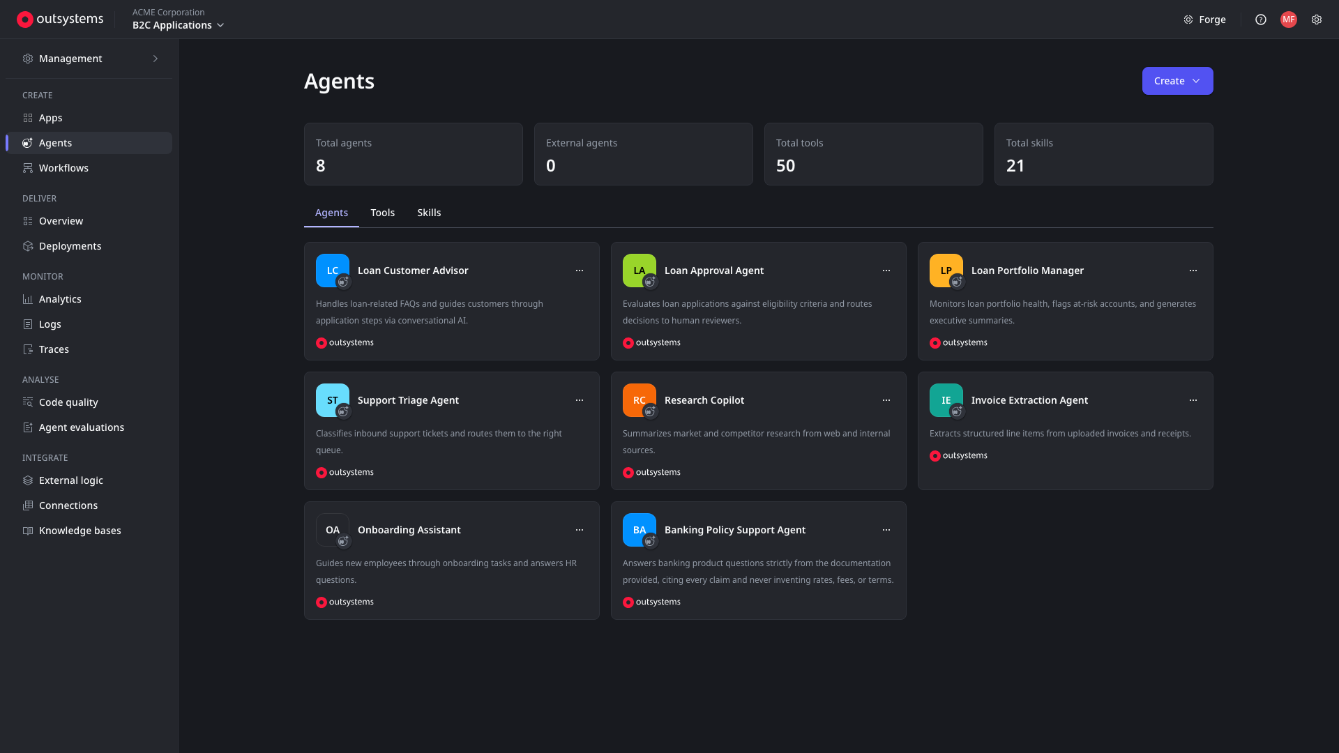 The Agents console in ODC Portal