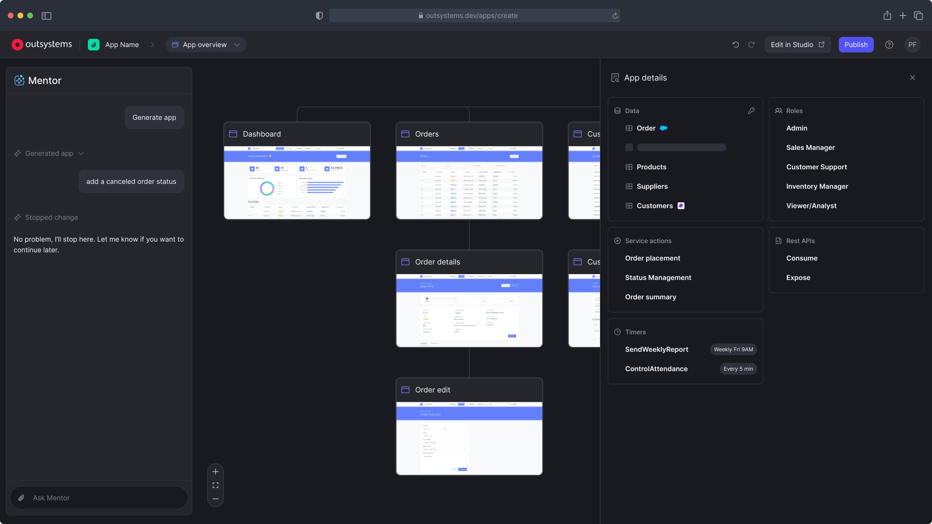 A generated app in Mentor: every screen, with its data, roles and logic