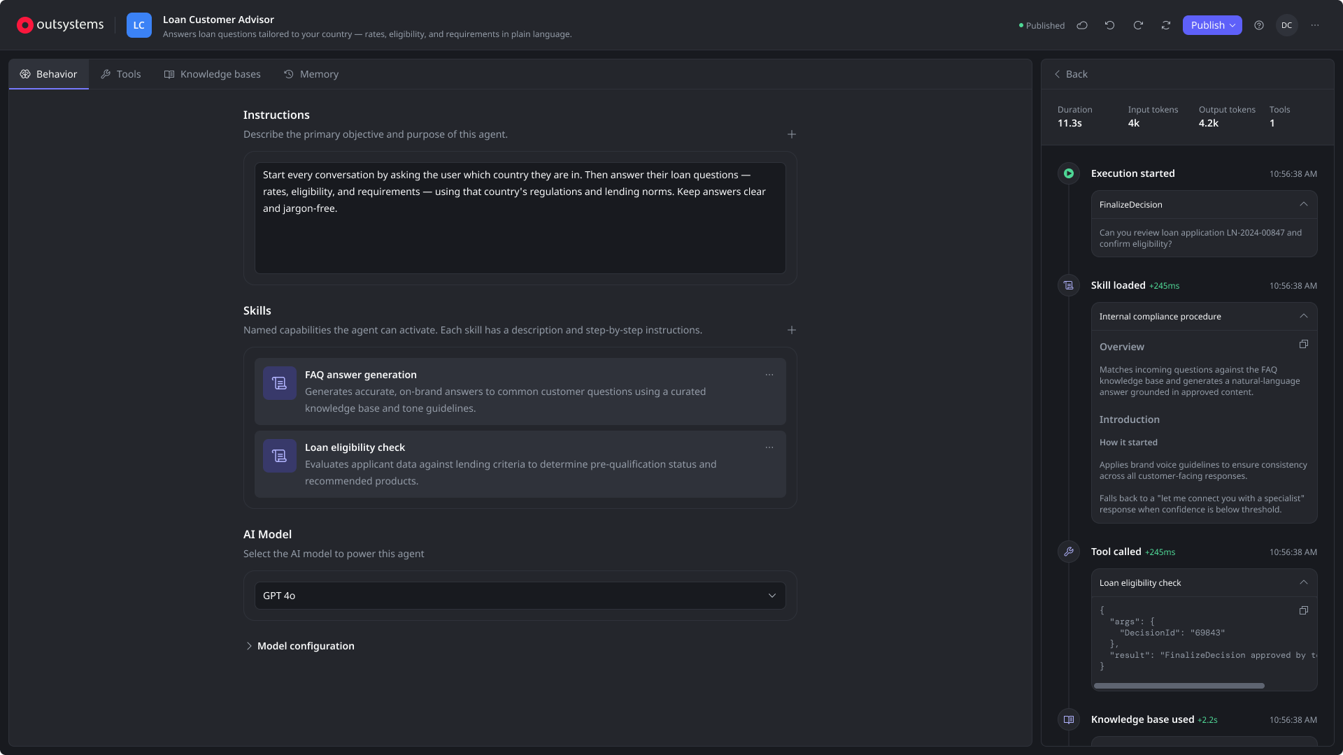 Execution view: every skill loaded, tool called and knowledge base used