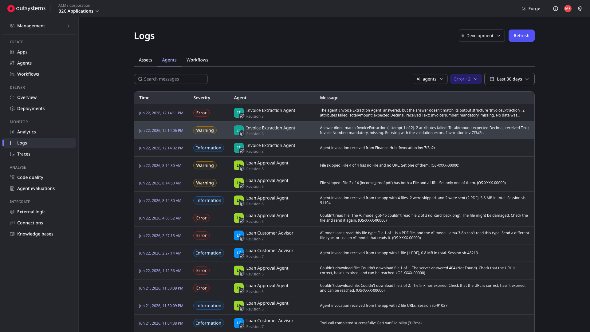 Agent logs with messages that say what to fix