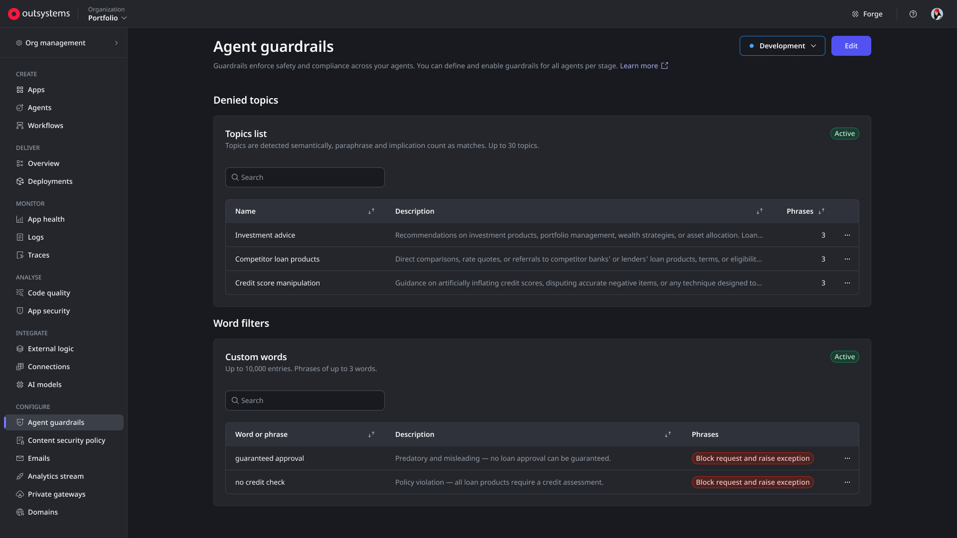 Denied topics and word filters