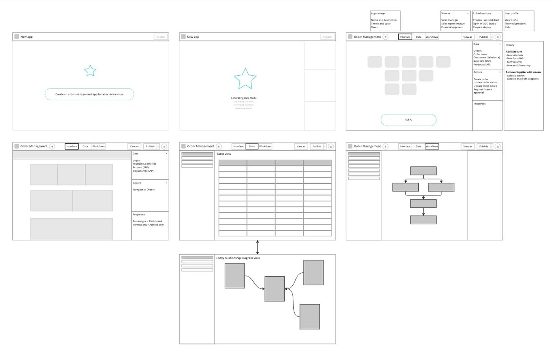 Early wireframes of the conversational workspace